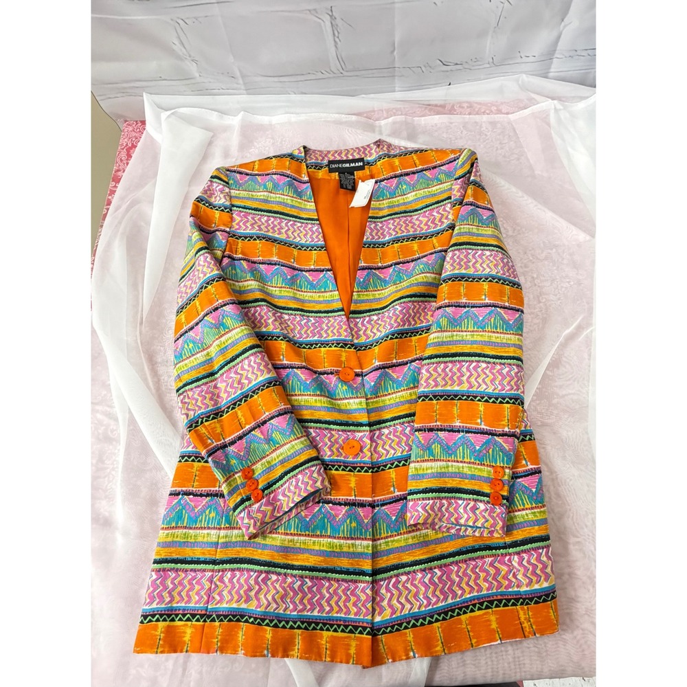 Diane Gilman Silk Blazer Multi Color Geometric Tribal Print Jacket Size 6